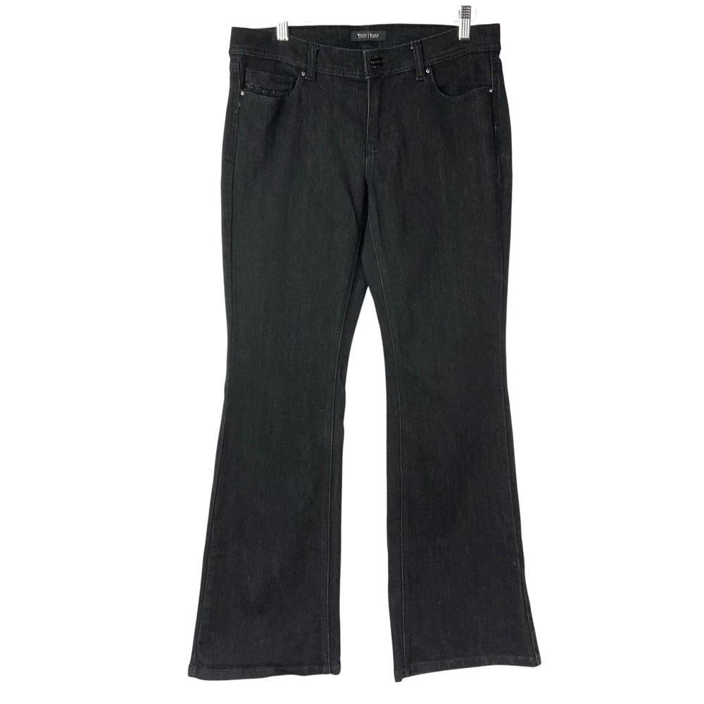 White House Black Market Noir Black Flare Jeans 8S Mid Rise Rhinestone Pockets - Picture 1 of 9